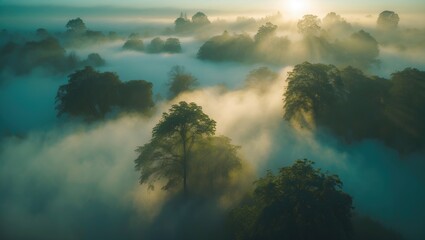 Wall Mural - an aerial perspective of light and shadows amid the mist. the fog and trees allow the first rays of 