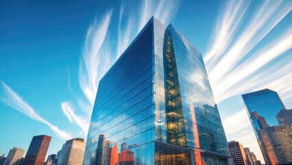Wall Mural - a modern office structure featuring a glass facade with an impressive skyline in the background. the