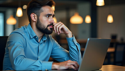 Flat Busy professional business man company employee young male programmer businessman looking at computer thinking on online investment or software development using laptop working at office. concept