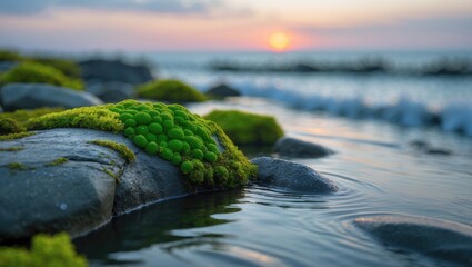 Wall Mural - water plants on stones in close-up, nature with an abstract blurred background.