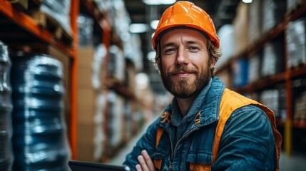 Aufkleber - In a bustling warehouse, a logistics employee wearing a hard hat stands with crossed arms, overseeing the orderly storage of materials and ensuring efficient distribution practices.