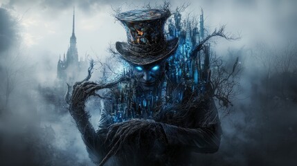 Aufkleber - Mysterious specter with a top hat haunting a dark cityscape fantasy art surreal environment eerie atmosphere