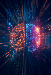 Digital brains facing off with blazing orange and blue light streams, suggesting dual perspectives in technology and cognition in a vertical futuristic look.