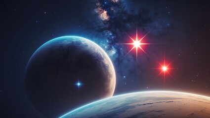 Wall Mural - a planet in a binary star system. deep space features blue and red stars. speculative science.
