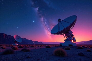 satellite dish array in the desert landscape under starry night sky , satellite, space