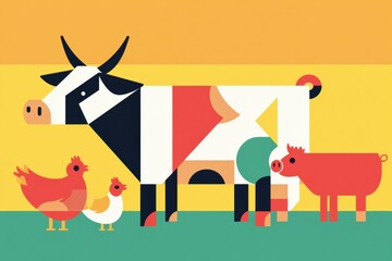 Aufkleber - Minimalist geometric illustration of farm animals including cows, pigs, and chickens with a vibrant color palette Generative AI