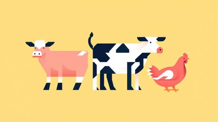 Aufkleber - Creative geometric illustration of farm animals featuring cows, pigs, and chickens in a vibrant color palette Generative AI