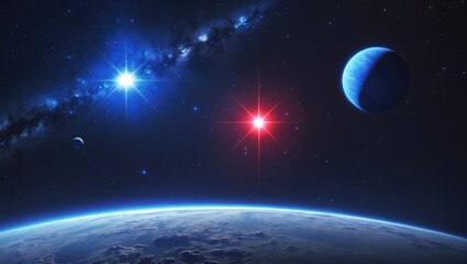 Wall Mural - a planet within a binary star system. deep space features blue and red stars. speculative science.