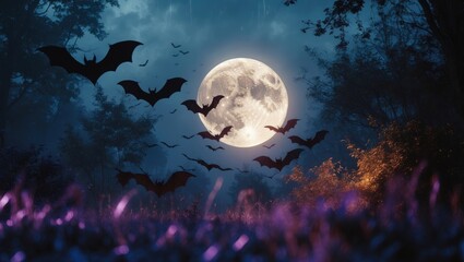 Wall Mural - background of halloween. dark forest featuring a full moon and soaring bats.