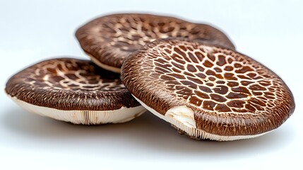 Fresh portobello mushrooms with distinctive net pattern on brown caps arranged on white surface, macro food photography showing natural texture and detail.