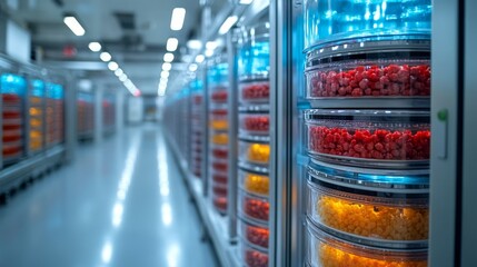 Poster - State of the art cold storage system displays vibrant perishable products arranged in clear containers, ensuring efficient inventory management for pharmaceuticals and food items.