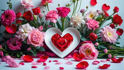 Wall Mural - valentine's day inspiration on a white backdrop featuring flowers and petals.
