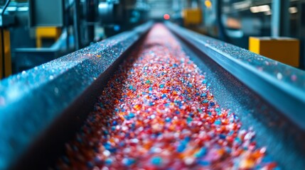 Poster - Brightly colored materials are transported along a conveyor belt in a logistics warehouse dedicated to recycling and sustainable packaging solutions.