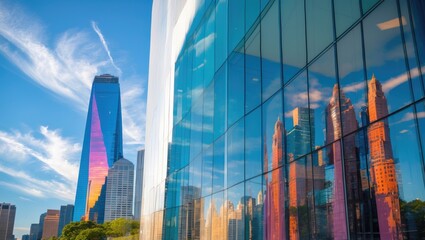 Wall Mural - a modern office building featuring a glass facade with an impressive skyline in the background. the 