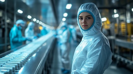 Poster - Employees in protective gear oversee the storage and handling of pharmaceuticals in a climate controlled facility designed for perishable goods.