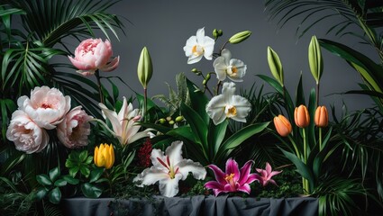 Wall Mural - tropical plants and flowers display a vibrant collection of various species. peonies, magnolias, orc