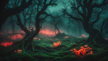 Wall Mural - a realistic haunted woodland eerie scenery at night. background design featuring surreal, spooky, at