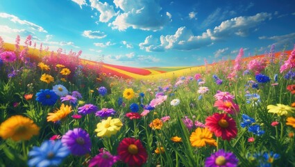 Wall Mural - a colorful field of flower meadows beneath a stunning summer sky.
