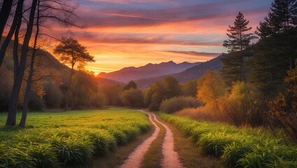 Wall Mural - At sunset, a forest path in a meadow. Mountain scenery.