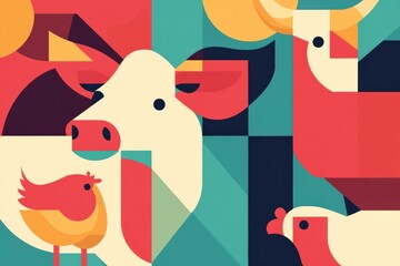 Aufkleber - Minimalist geometric illustration featuring cows, pigs, and chickens in vibrant colors for modern design enthusiasts Generative AI