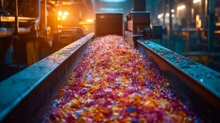 Aufkleber - A conveyor belt in a warehouse transports colorful shredded materials ready for recycling. The lighting enhances visibility of the vibrant colors, emphasizing sustainability efforts.