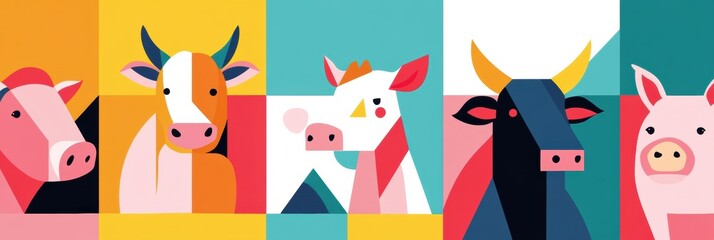 Aufkleber - Minimalist geometric illustration featuring cows, pigs, and chickens in vibrant colors for modern decor Generative AI