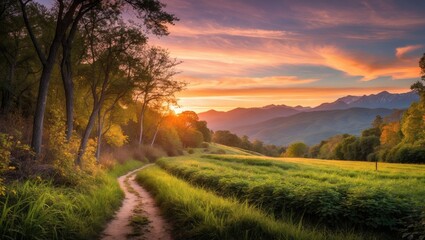 Wall Mural - At dusk, a forest path through a field. Mountain scenery.