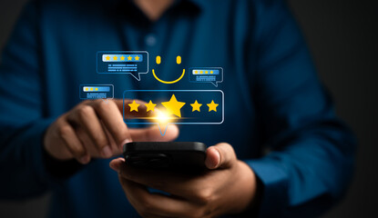 Wall Mural - customer satisfaction survey via smartphone with five-star rating, customer use smartphone rate thei