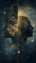 Wall Mural - abstract illustration of two human heads intertwined with golden celestial symbols, representing ast