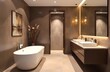 © Ana River - Modern 2025 mocha mousse color, mocha mousse chocolate shades. Elegant and cozy bathroom design