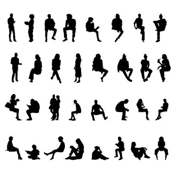 32 vector or png silhouettes of people in various poses, including sitting, leaning, walking, running, and engaging in daily activities. Perfect for use in architectural designs, presentation