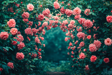 Poster - A tranquil pathway leads through lush greenery, arching with clusters of blooming pink roses. Morning light gently illuminates the garden, creating a peaceful atmosphere
