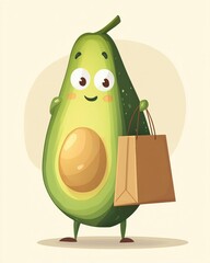 Poster - Humorous cartoon avocado joyfully carries a large grocery bag in playful pastel colors under a cheerful atmosphere Generative AI