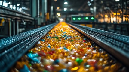 Aufkleber - Conveyor belt transports brightly colored plastic waste through a busy logistics warehouse, emphasizing recycling efforts and inventory management for sustainable operations.