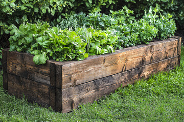 Aufkleber - A wooden raised garden bed overflows with fresh lettuce and various herbs in a sunny backyard. The lush greenery showcases healthy plant life thriving in the soil