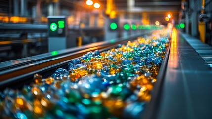 Aufkleber - Brightly colored bottles are moving along a conveyor belt in a logistics warehouse dedicated to recycling, highlighting efforts in waste management and sustainability.