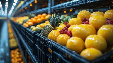 Poster - Cold storage warehouse dedicated to preserving perishable fruits, including oranges, pineapples, and raspberries, in a climate controlled distribution space for efficient logistics management.