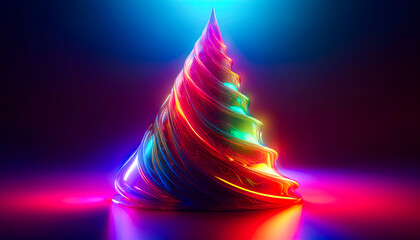 Fototapete - Colorful illuminated Christmas tree swirl sculpture glowing in vibrant neon light on a dark background