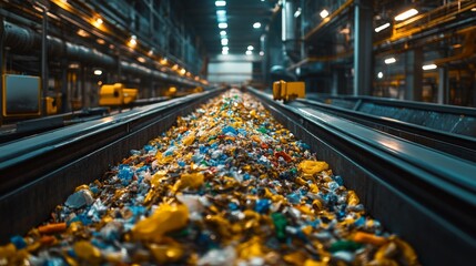 Aufkleber - Conveyor belts transport a mix of recyclable materials through a busy warehouse prioritizing waste management and efficient inventory practices for sustainable operations.
