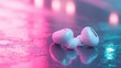 © Sirinya - A close-up of high-tech white wireless earbuds on a smooth, reflective surface, bathed in soft pink and teal ambient lighting.