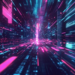 Poster - Cyberpunk Data Stream: Neon Lights in Digital Tunnel, futuristic data flow through a glowing grid, modern abstract network visualization