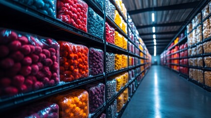 Poster - Rows of vibrant containers filled with perishable items are neatly arranged in a cold storage facility, showcasing effective inventory management in a climate controlled environment.