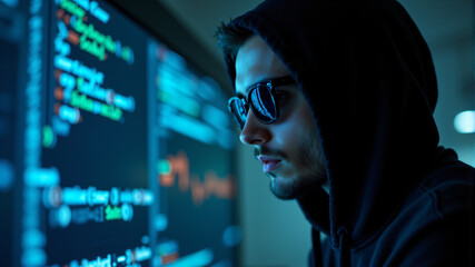 Mysterious Hacker Analyzing Code at Night