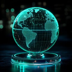 Fototapete - Digital Earth Globe Display: A Futuristic Hologram of the World on a High-Tech Platform, Glows with Cyberpunk Elegance