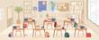 © Александра Гвардейце - School classroom interior with desks, backpacks and school supplies with no people flat vector illustration.