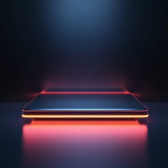 Aufkleber - Futuristic Platform with Neon Lighting:  A Modern Minimalist Design with Red and Blue Glowing Accents