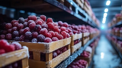 Poster - Frozen raspberries are neatly stored in wooden crates along rows of shelving in a climate controlled warehouse designed for perishable inventory management.