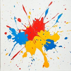 Poster - Vibrant Paint Splatter Art: An Abstract Expression of Red, Yellow, and Blue Color Bursts on a White Canvas