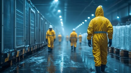 Poster - Employees in bright yellow protective gear navigate a cold storage warehouse, organizing and inspecting perishable goods under dim lighting during late hours.