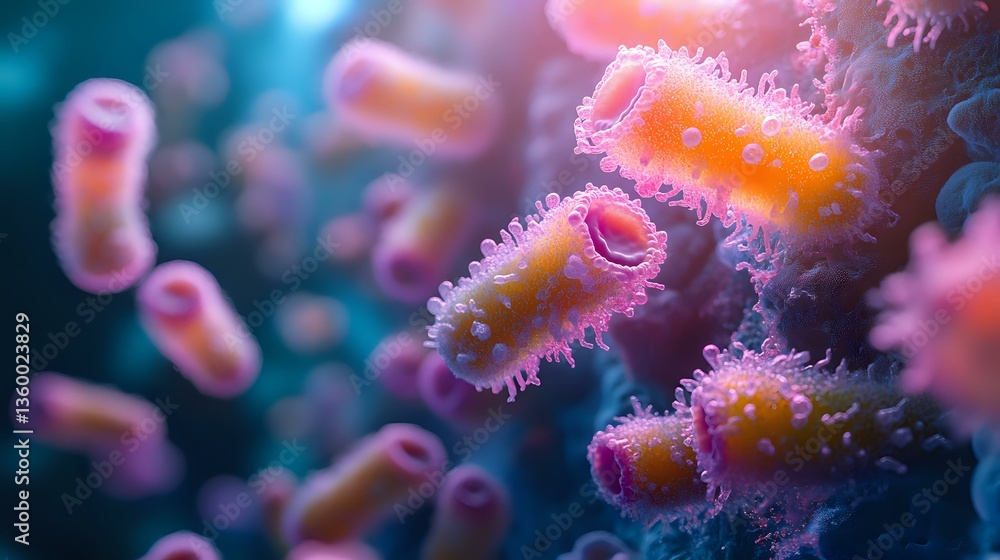 Microscopic view of coral polyps in vibrant pink and orange colors ...